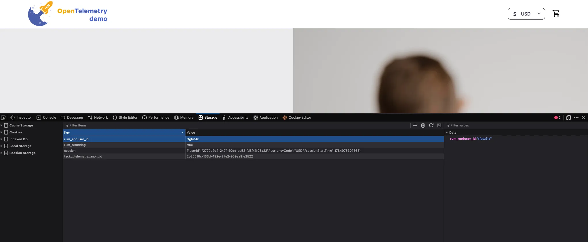 Grafana Faro end-user session detail showing the user ID, session timeline, and trace ID for a payment failure event