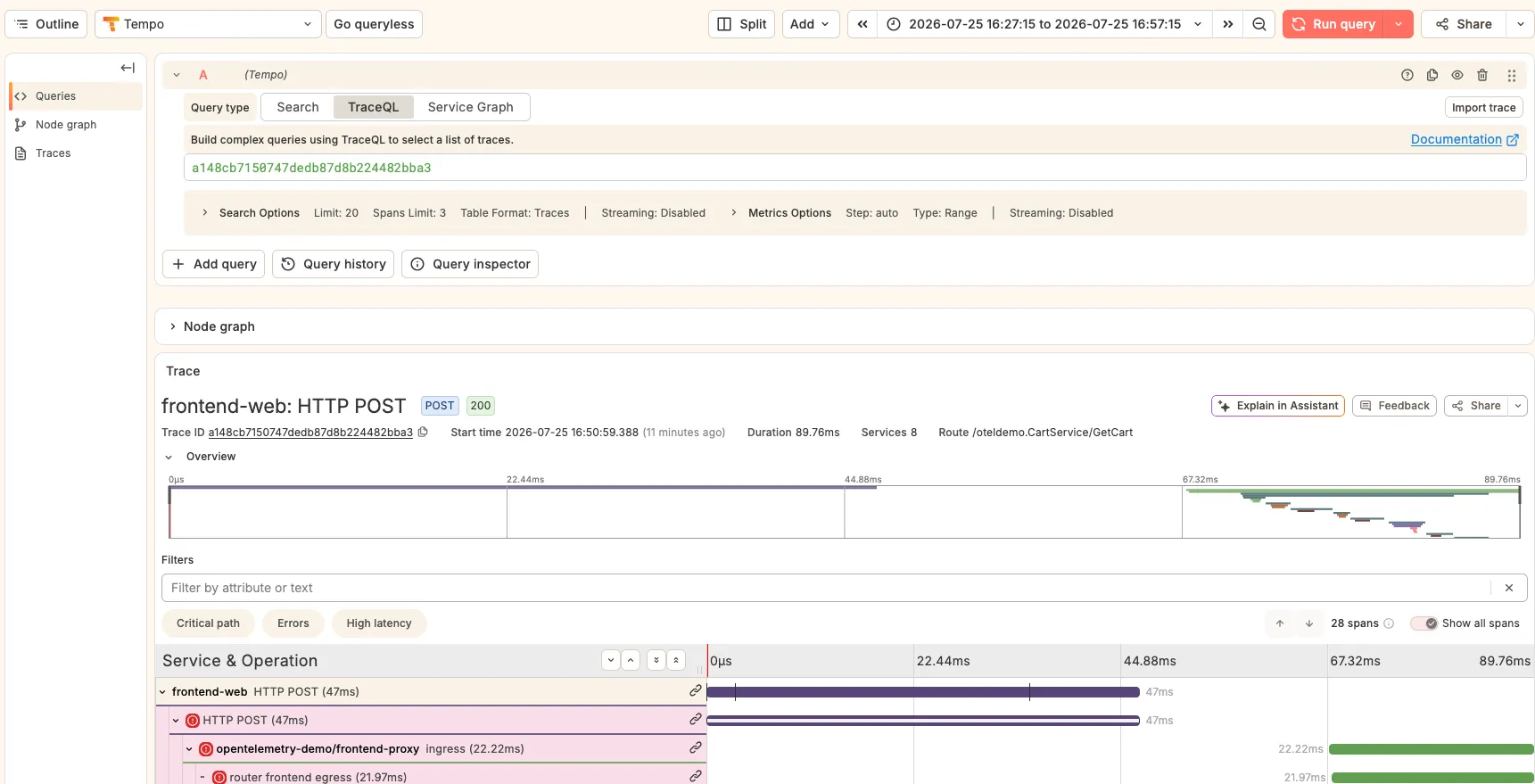 Tempo trace search results showing multiple failed checkout PlaceOrder traces during the incident window